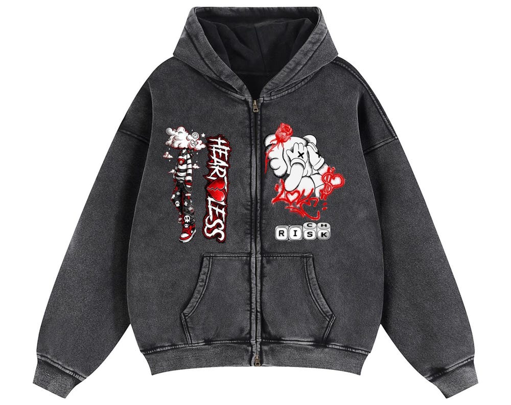 Dark Grey Snow-Washed Designer Zip Hoodie